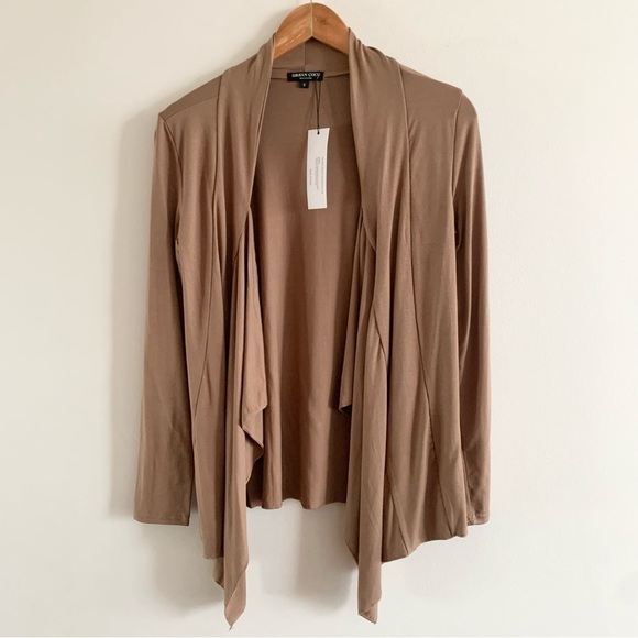 NWT Drape Front Open Cardigan Long Sleeve Irregular Hem Brown Cover Up Sweater! - Picture 3 of 15